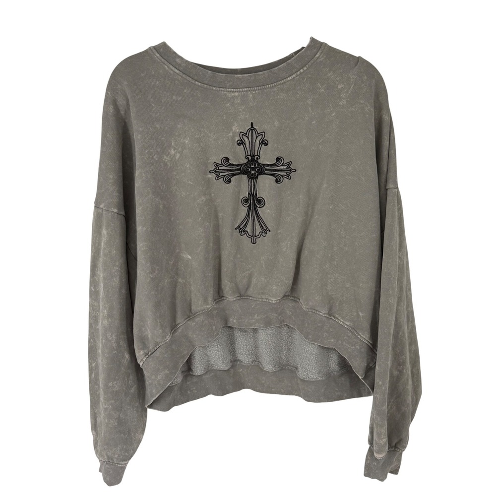 Daisy Street Sweatshirt Womens XL Gray Gothic Cross Acid Wash Cropped